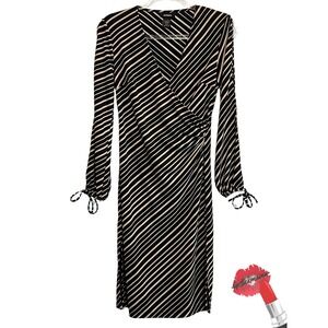 Vintage Y2K Express Wrap Dress‎ Womens 3/4 Small Striped Black Tan Slit Sleeve